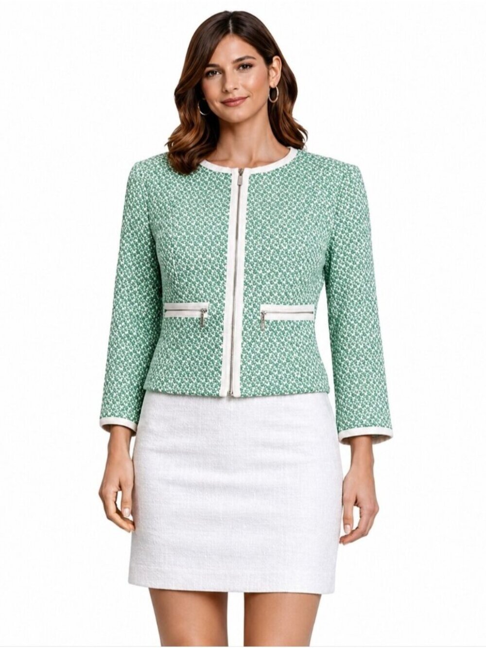 Cabi Green & White Collarless Tweed Single Breasted Blazer